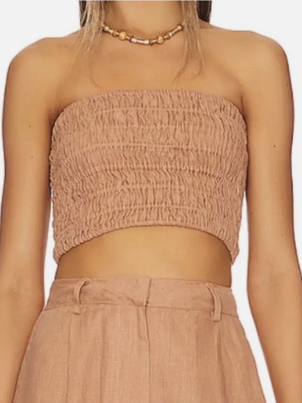 Faithfull The Brand Smocked Linen Crop Top Brown Size L